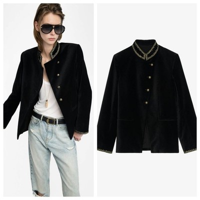 Women French Zadig&Voltaire True Velvet Collared Embroidery Blazer Coat Top XS-L