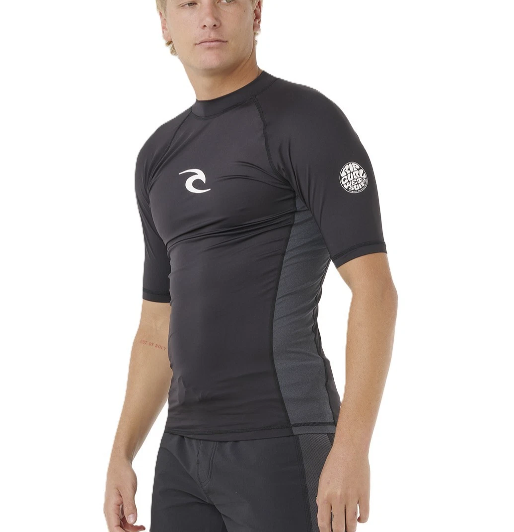 RIP CURL MENS RASH VEST.WAVES SHORT SLEEVED BLACK UV UPF50+ SUN GUARD TOP S26