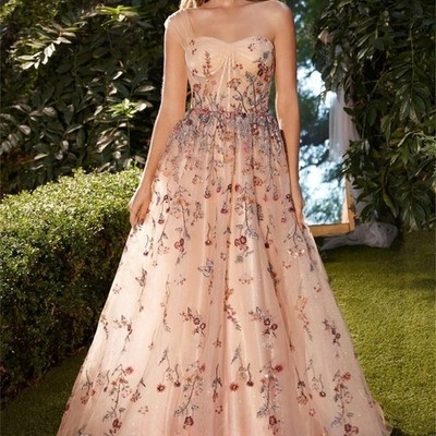 Elegant Single Shoulder Strap Evening Dress Lace Embroidery Glitter Prom Dress