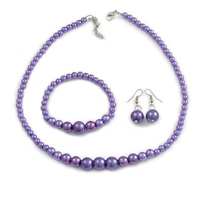 Stilvolles lila Glasperlen Halskette/Stretch Armband/Ohrhänger Set - 44 cm