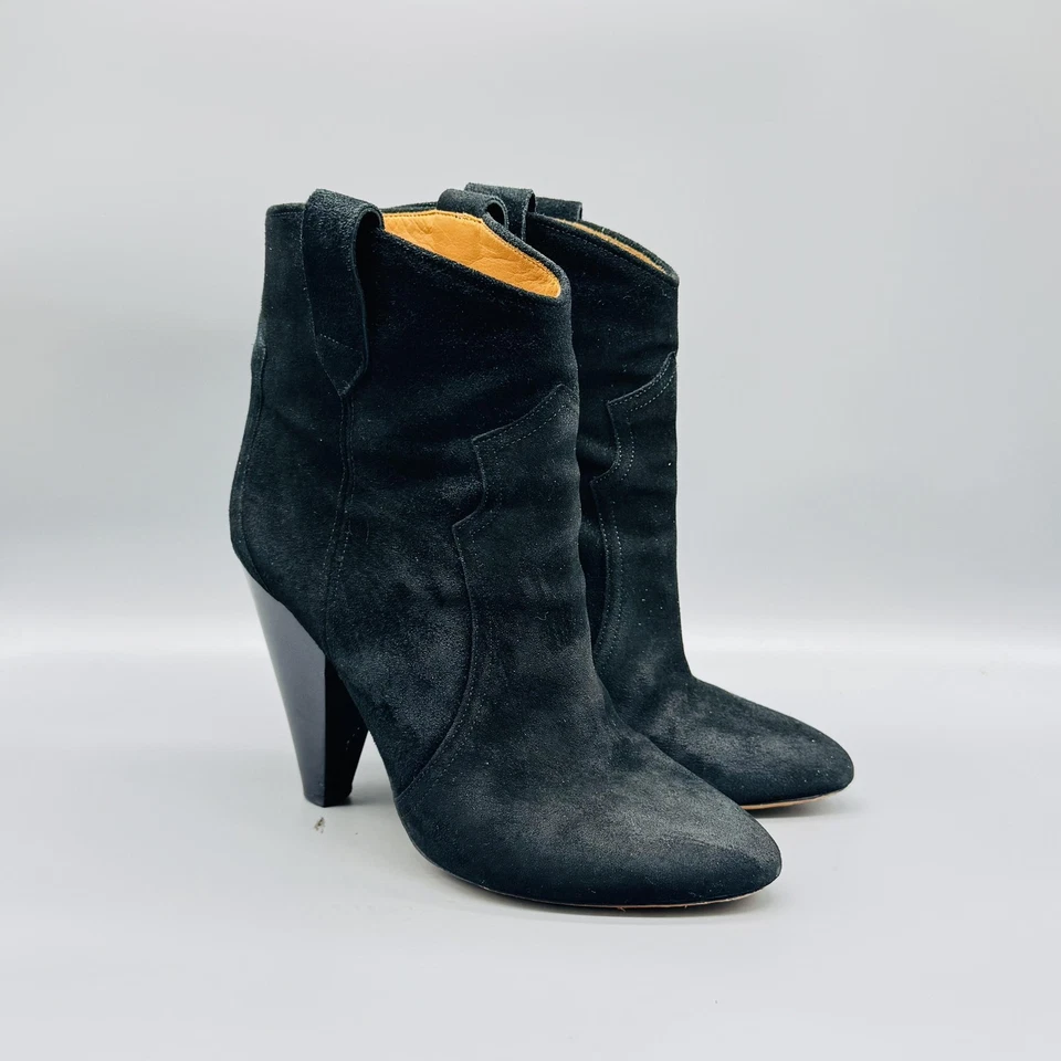 Isabel Marant Etoile Boots Womens 10 Black Suede Western Ankle Cone Heel Pull On - Image 2 of 4