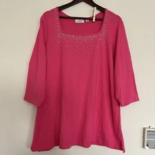 Quacker Factory 3/4 Sleeve Rhinestone Pink Square Neck Cotton Stretch Top SZ 2X