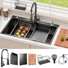 30x18 Drop in Kitchen Sink with Faucet  , Black Stainless Steel Workstation ...