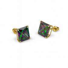 14k Yellow Gold Screw Back Earrings with Mystic Topaz Princess Cut CZ Stones