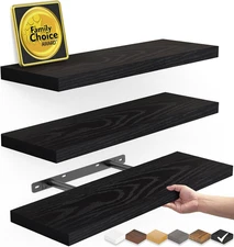 Floating Shelves for Wall, Wall Mounted Wood Shelves (Black, Set of 3, 15.7In)