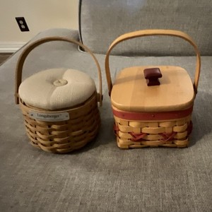Longaberger 2pc Woven Basket Set w/ Lids & Handles Round/Square Brown Red