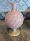 Murano Art Glass Vase Pink Alabastro Aventurine Gold Swirl Pedestal 6.5” Italy