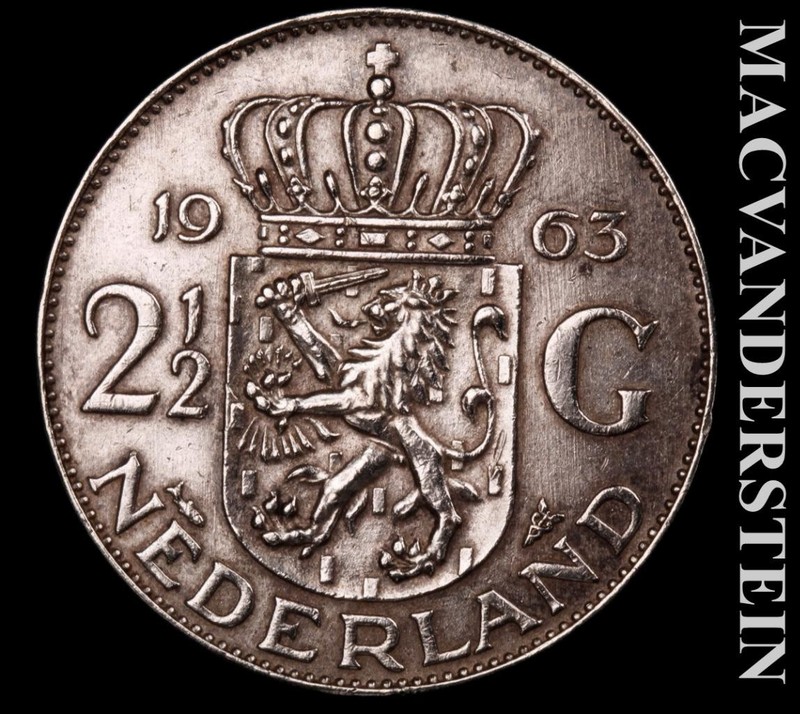 Netherlands: 1963 Silver 2.5 Gulden - Scarce  High Grade  Lustrous  #L7386