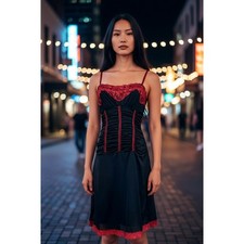 Morbid Threads Gothic Lacy Ruched Slip Dress S Y2K Punk Black Red Lace Bodice