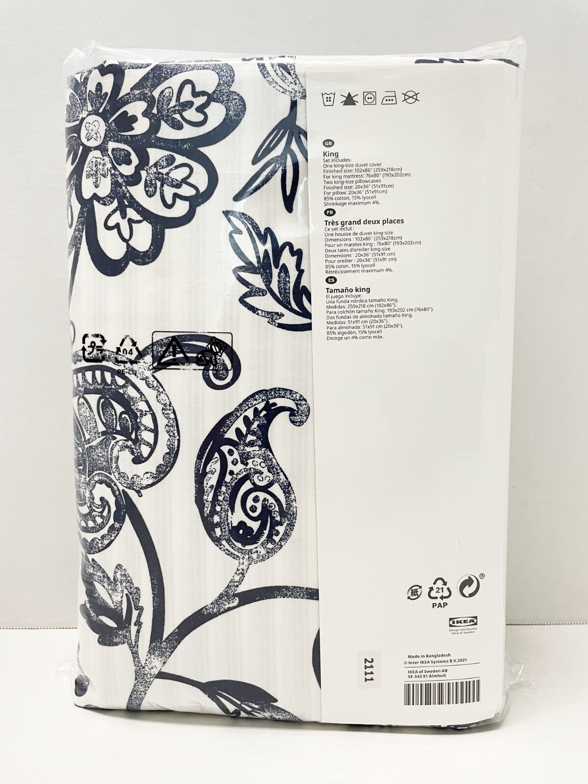 Ikea JUNIMAGNOLIA King Duvet cover and pillowcases white/dark blue