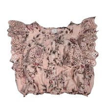 Gap x LoveShackFancy Girl's Pink Floral Ruffle Sleeve Pintuck Button Front Top L