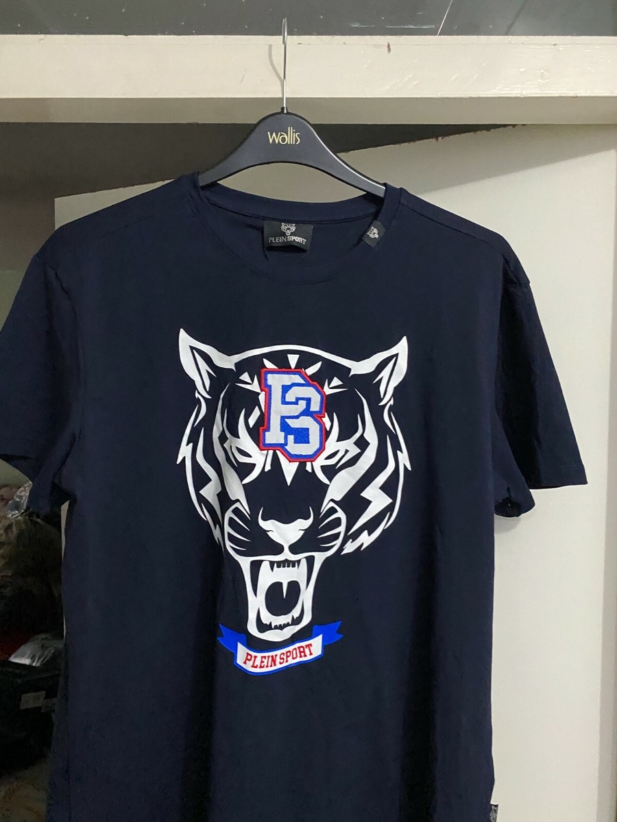 プレインスポーツパネルロゴネイビーブルーTシャツ Philipp Plein Sport Mens Made in Italy Tiger Logo Crew Neck