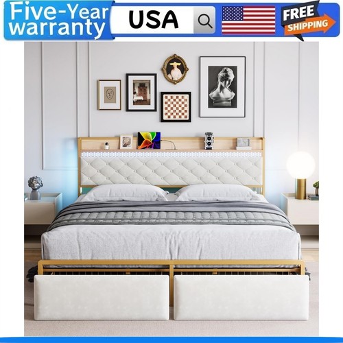 💹Queen Bed Frame with Storage Headboard and 2 Drawers LED Lights Metal Platform