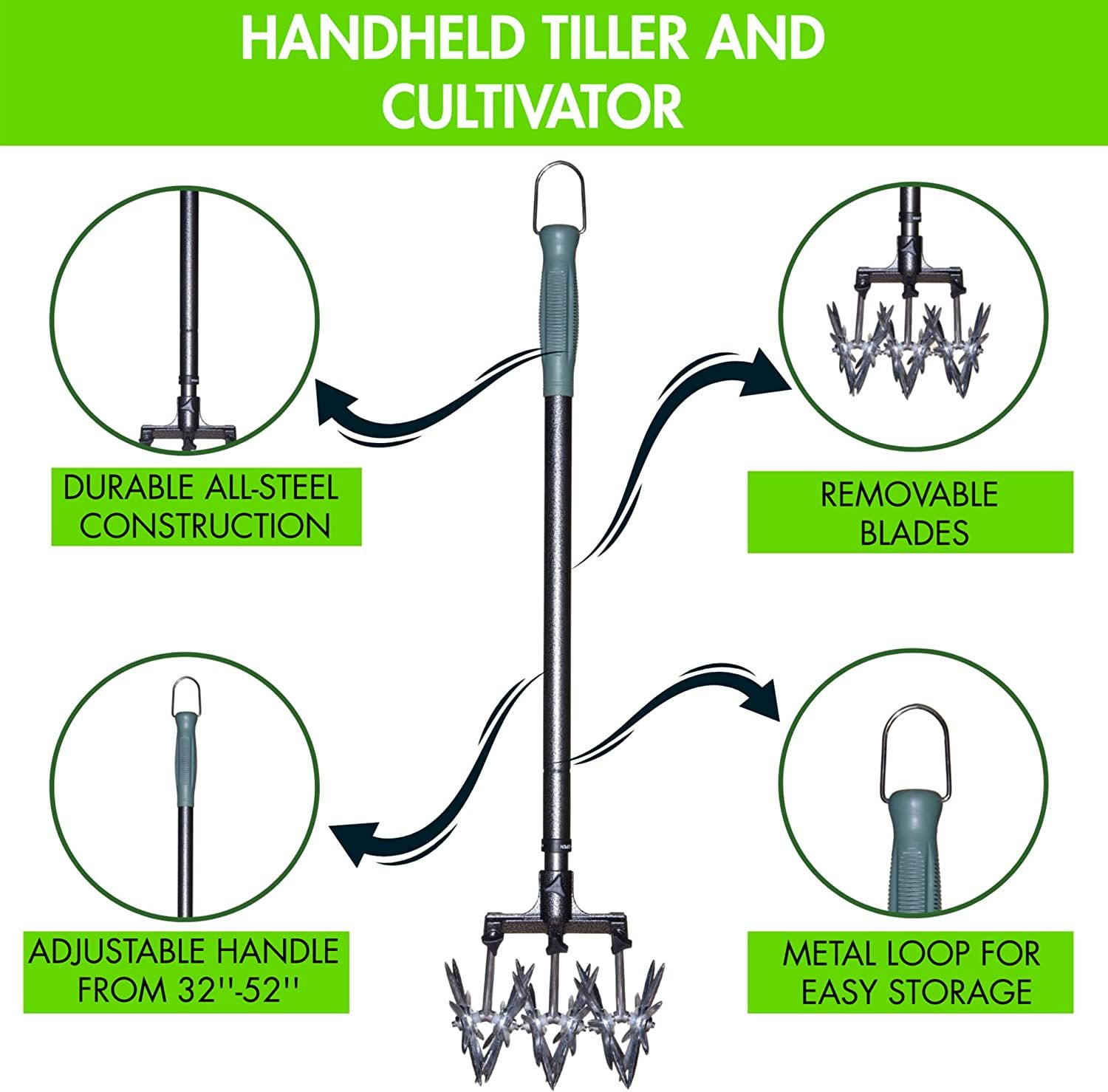 Yard Butler 32 to 52 Inch Adjustable Steel Garden Handheld Tiller and