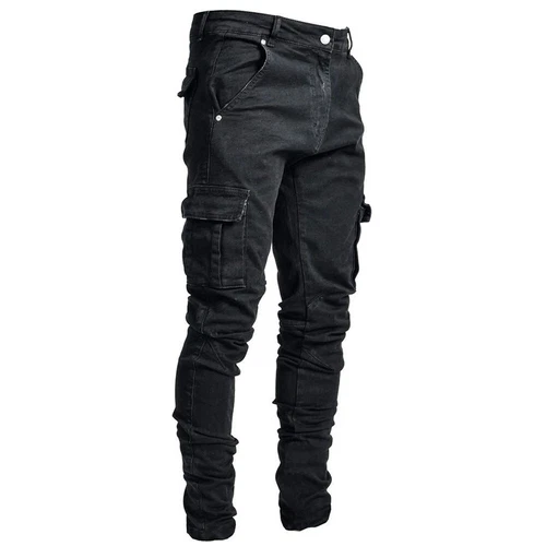Men Skinny Jeans Stretch Slim Fit Pants Bike Jeans Cargo Pants Pockets Ripped - Picture 4 of 17