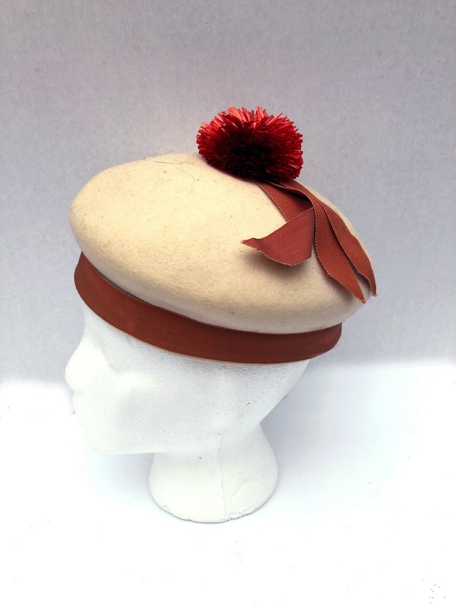 Rare Vintage Ivory felt NY/ Paris Juniorette felt red pom