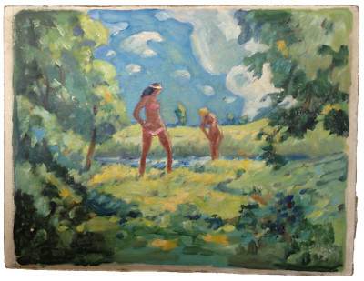 OSKAR KOKOSCHKA MONOGRAMMED  YOUNG GIRLS  AT THE RIVER - RARE OIL PAINTING 1950s