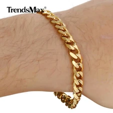 7mm Mens Boys Flat Curb Cuban Link Bracelet Chain Gold Plated Stainless Steel