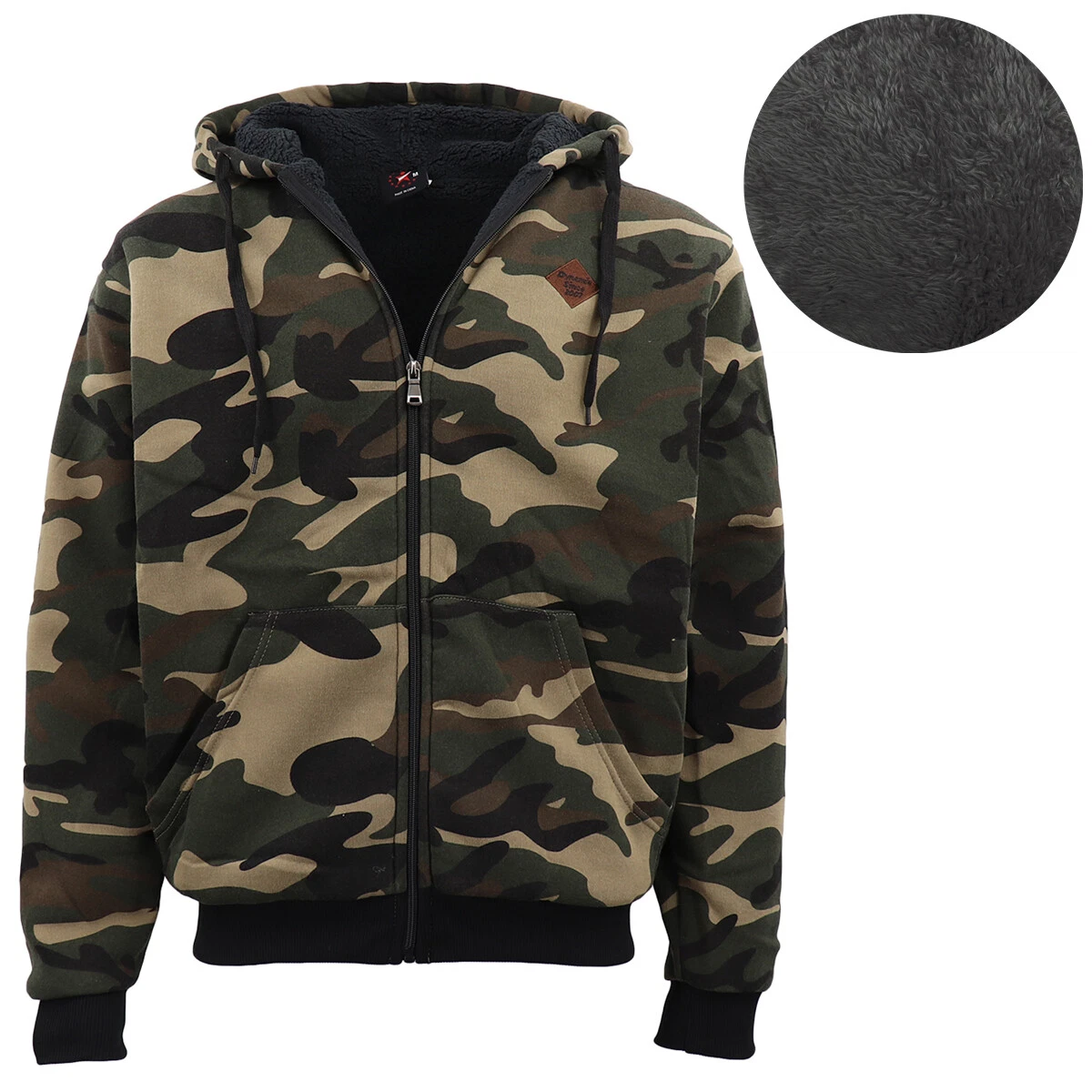 Men s Thick Zip Up Camouflage Hoodie Jacket w Winter Sherpa Fur Camo Jumper Coat