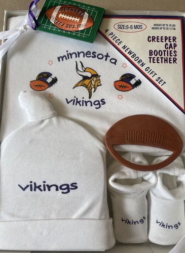 Newborn Baby NFL Minnesota Vikings 4 Pc Set~Creeper, Booties, Cap & Teether, New - Picture 4 of 12