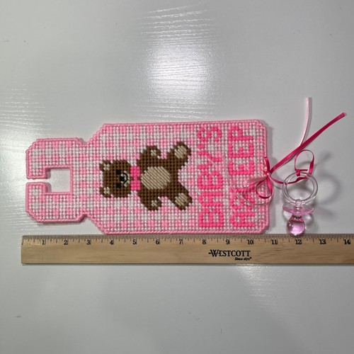 VTG Needlepoint Yarn Door Knob Hanger BABY'S ASLEEP GIRL Bear Binky Handcrafted - Picture 3 of 4