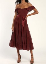 Lulus Burgundy Tiered Flutter Sleeve Midi Dress Size Small