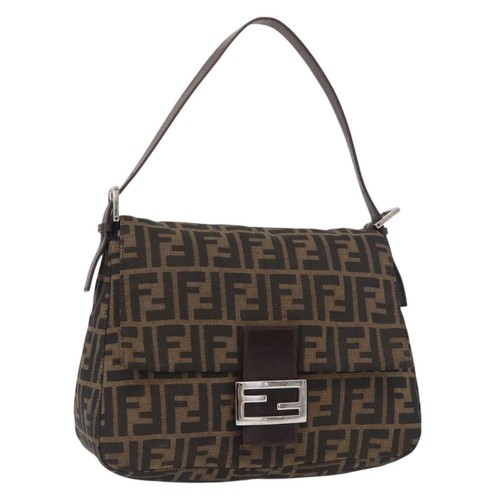 FENDI Zucca Canvas Mamma Baguette Shoulder Bag Black Brown Auth 181932A