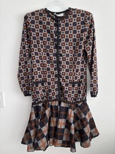 Vintage Adolfo Saks Fifth Ave Wool Plaid Geometric Long Sleeve Business Dress