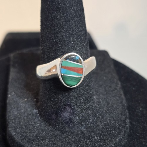 Vintage 'ZUNI' Sterling Silver Multi-Gemstone Inlay Rize 6.5