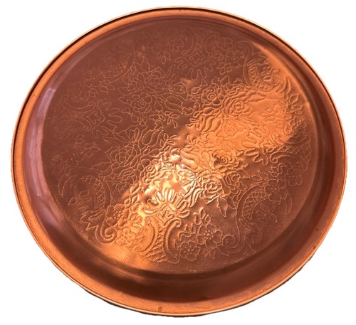 Vintage Copper Serving Tray Platter 12” with Floral Etched Copper
