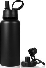 32 oz Insulated Water Bottle with 2 Lids Straw Spout Lid , 18/8 Stainless Ste