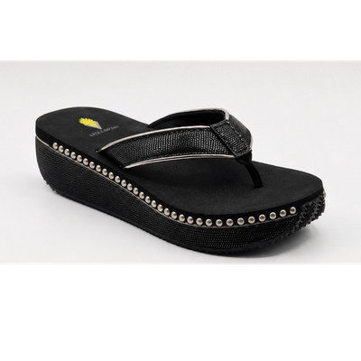 Unique Silver Studded Volatile Wedge Thong Sandals Black Women's Size 11