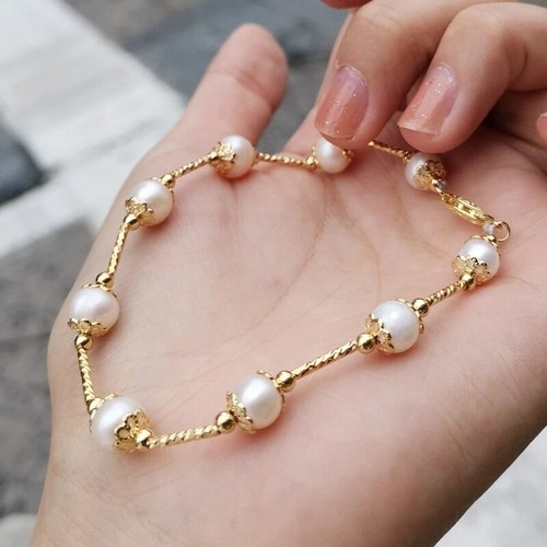 Beautiful 7.5-8" AAA++ Natural AKOYA White Round Pearl Bracelet 14k Gold P Clasp - Picture 4 of 7