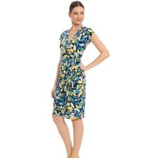 Maggy London Duria Leaf Print Navy Blue Wrap Dress Size 4