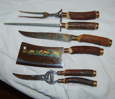 Antique Solingen Germany 5 pc carving set stag handles engraved wildlife scenes