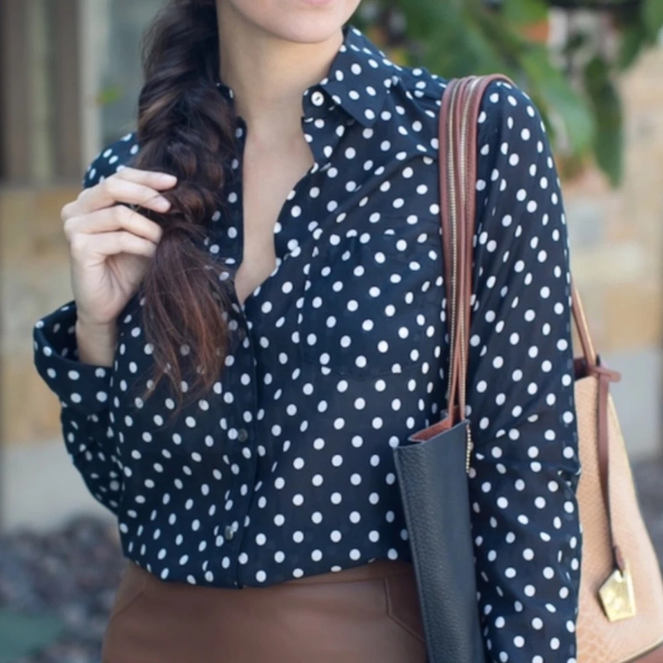 J. Blusa de seda Crew para mujer talla XL a lunares manga larga camisa con botones preppy Foto 2 de 4