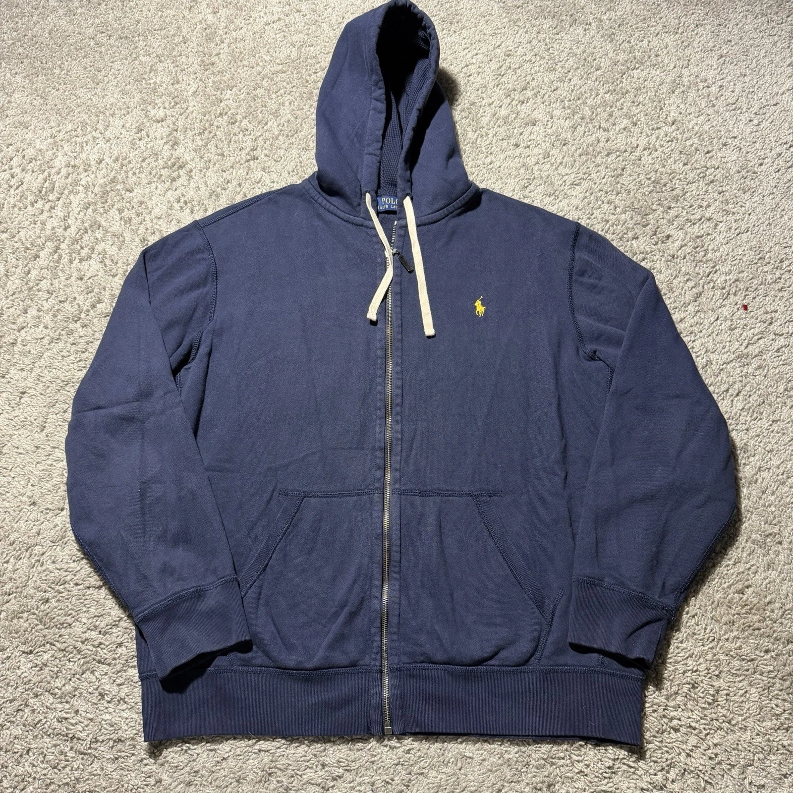 Polo Ralph Lauren Navy Blue Full Zip Hoodie Men's XL Yellow Pony Thermal Soft