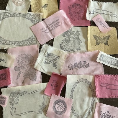 25 Pieces Hand Stamped Journal & Slow Stitch Ephemera Assorted Sizes and Fabrics