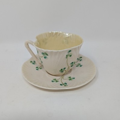 Vintage Irish Belleek China Marked 1955-65 Shamrock Harp Handle Tea Cup & Saucer