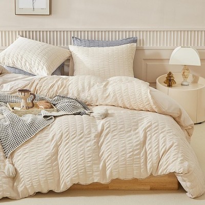 Duvet Cover Set Queen Size, 3pcs Washed Microfiber Beige Bedding Set, Soft Br...