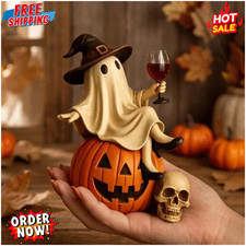 Ghost and Wine Halloween Decoration Sitting on a Pumpkin Home Decor