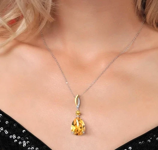 925 Silber Zweifarbig Vergoldet 22.20 Karat Citrin Und Moissanit Damen Anhänger - Bild 3 von 4