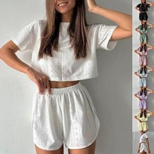 Women's Crochet-Style 2 Piece Short Sleeve Crop Top Elastic Shorts Set S-2XL 