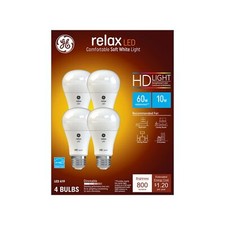 4 pack GE Relax LED Light Bulbs, 60 Watt, Soft White, A19 Bulbs, 10 watt, 800