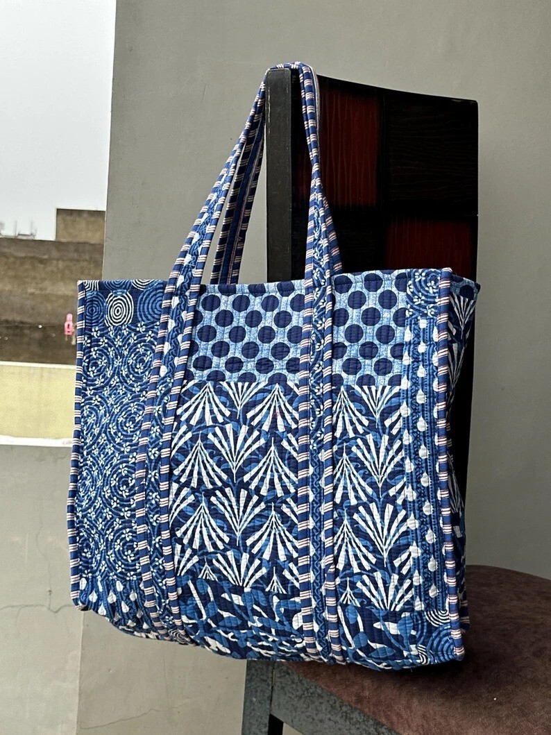 Indian Blue Patchwork Printed Quilt Shoulder Bag Women's Beach Cotton  Handbag US