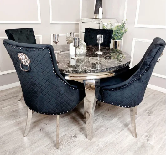 Louis round dining table with black marble top with 4x black lion Knocker chairs