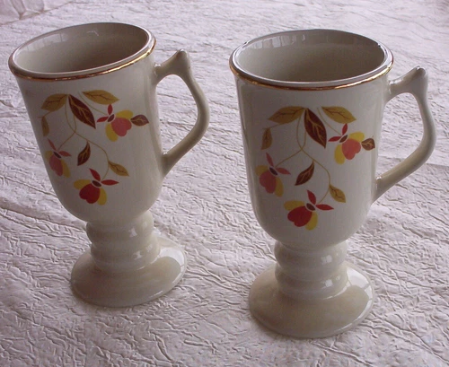 2 HALL CHINA 1966 AUTUMN LEAF JEWEL TEA FOOTED PEDESTAL IRISH COFFEE MUGS-6.25"