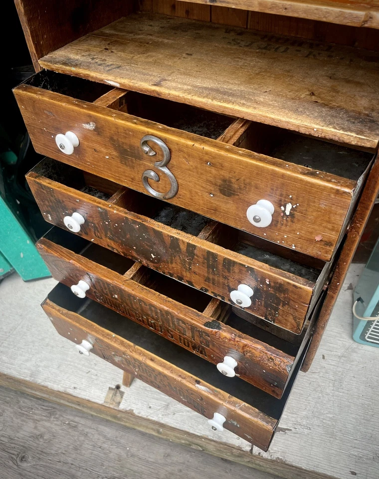 Primitivo 4 cajones madera y estaño boticario piezas contenedor gabinete marca vaca caja de refrescos Foto 3 de 4