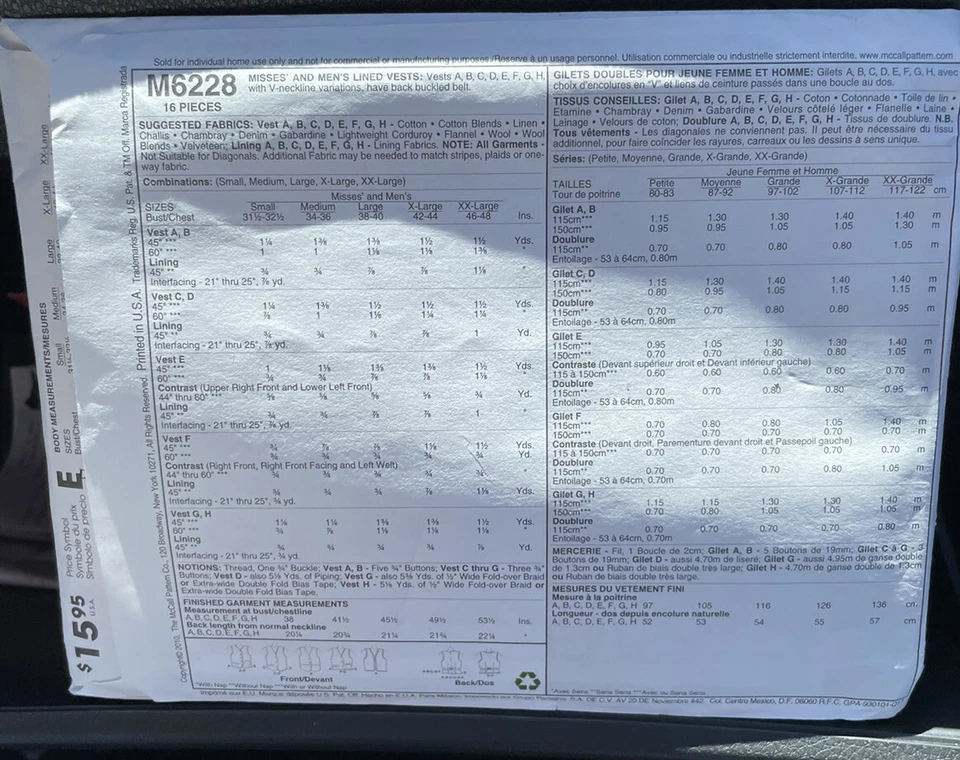 McCall's Patterns M6228 Misses'/Men's Lined Vests, Size XLG (42-44) Vintage New - Image 4 of 4