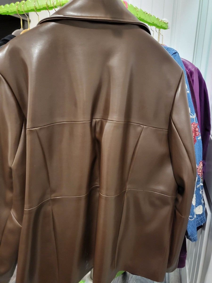 Denim & Co. Faux Leather Zip Front Jacket Chocolate Brown Seamed